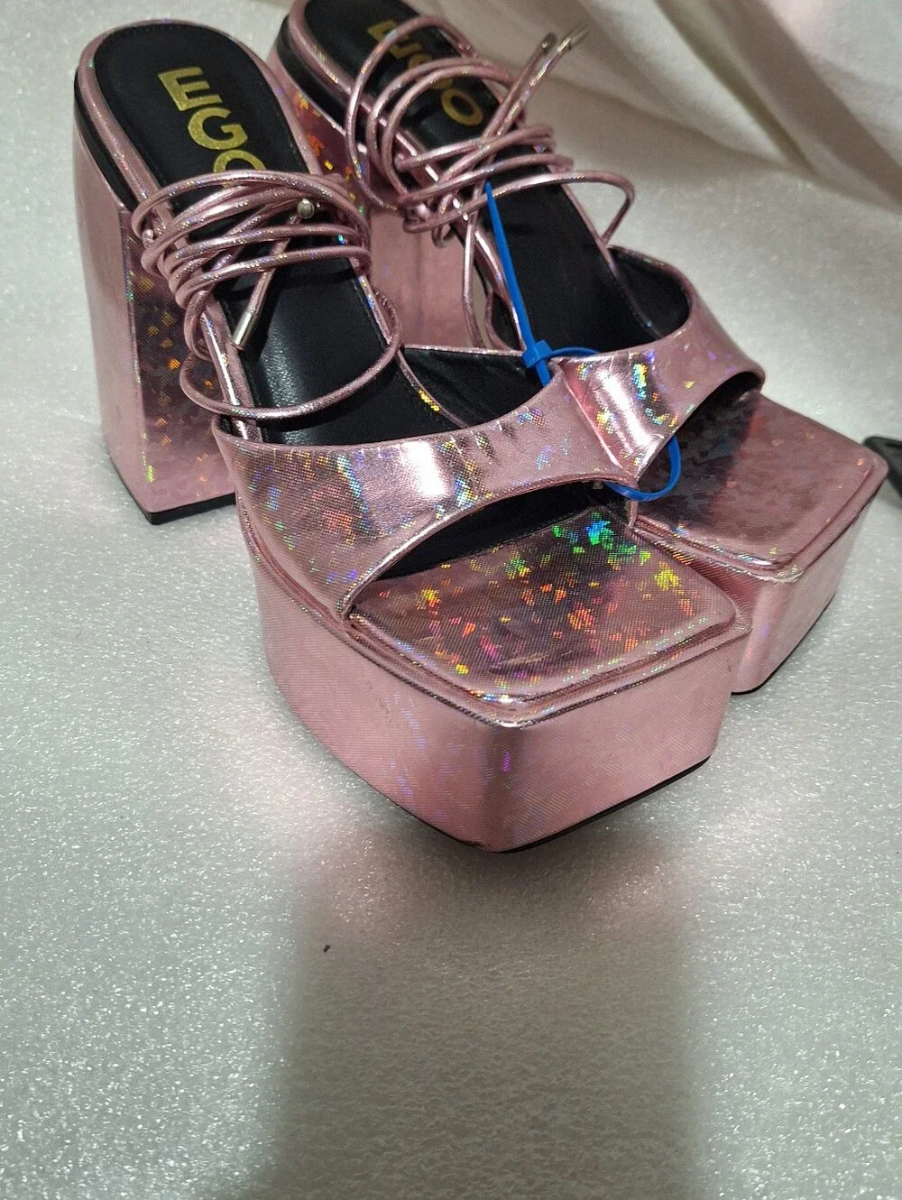 Pink Holographic Platform Block Heel Sandals
